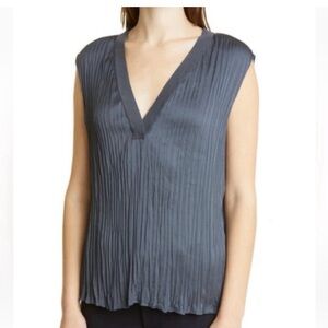 Vince Slate Blue Pleated V-Neck Blouse